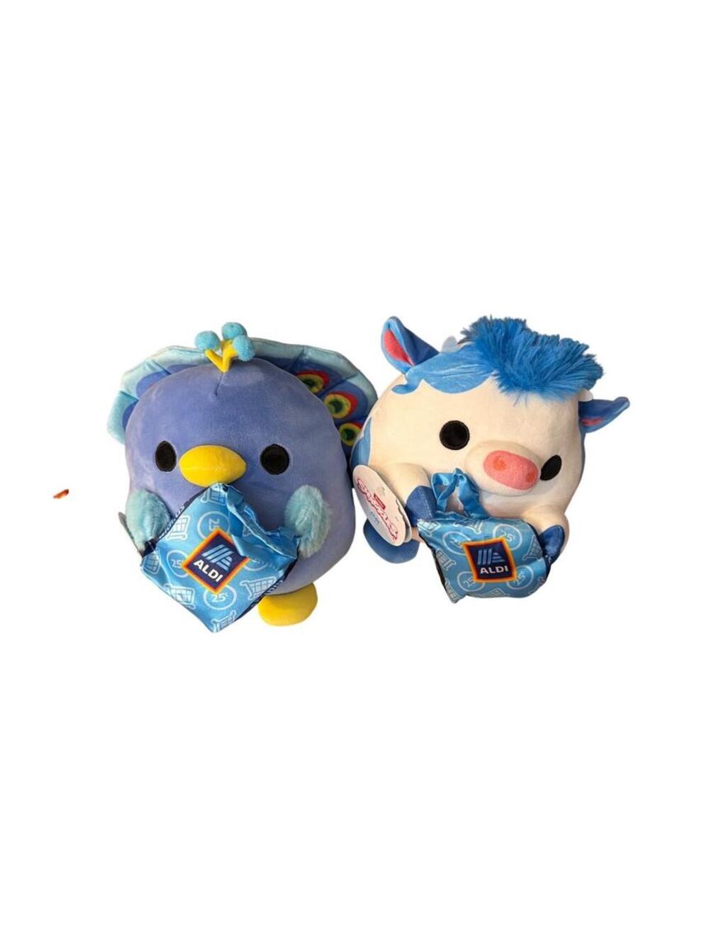 Zuru Snackles Aldi Play Plush Set Peacock and Cow with Shopping Bags Blue White